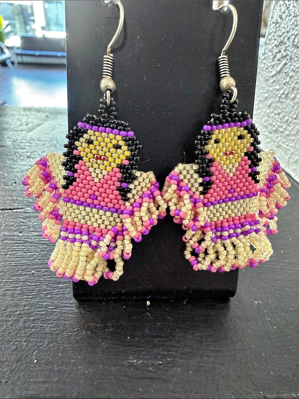 Hand Beaded Figurine native Drop Earrings in Pink & Purple